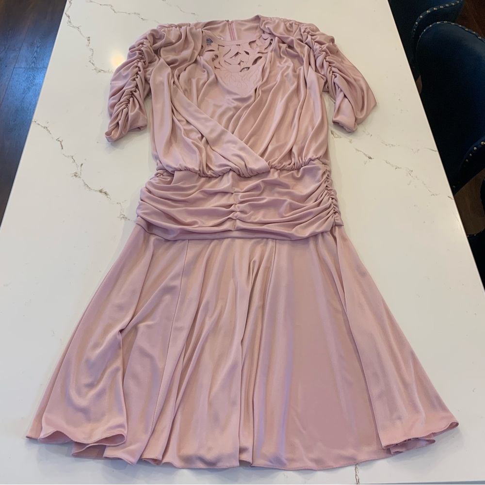 Vintage 60’s Ruched Sleeve Lilac/Pink Blouson Filigree Dress Woman’s Size Large. - Picture 13 of 15